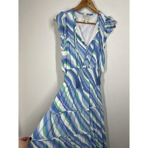 Sail To Sable Tassel Neck Midi Dress Medium Tiered Stripes Smocked Waist Maxi - Picture 3 of 5
